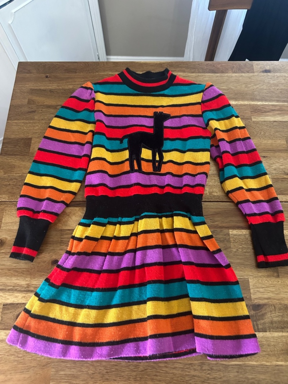Girls Vintage Striped Knit Dress with Llama Motif